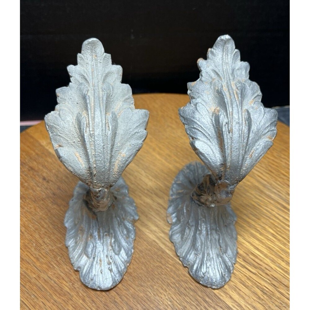 Vtg Cast Metal Curtain Holdback Brackets Leaf Motif Weathered Silver Finish READ